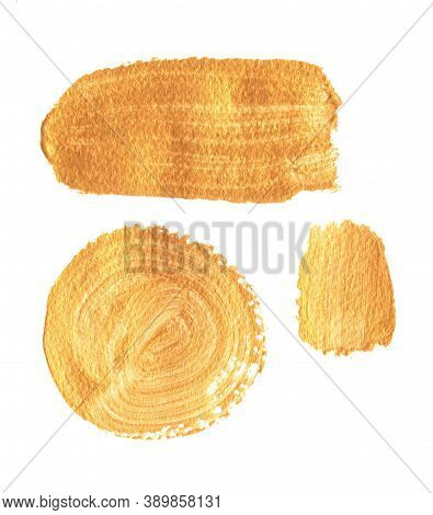 A Set Of Textured Gold Paint Strokes And A Circle On White Background