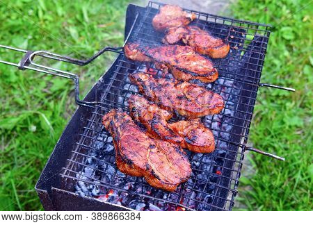 Delicious Steak Perfectly Cooked On Grill. Cooking Meat On The Grill. Fried Food Over Charcoal. Barb