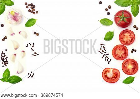 Top View Of Whole And Sliced ​​tomato With Basil Leaves And Garlic, Spice, Isolated On White Backgro