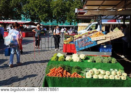 Dortmund, Germany - September 16, 2020: People Visit A Farmer's Market At Hansaplatz Square In Dortm