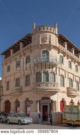Campos, Balearic Islands/spain; October 2020: Historical Building That Houses A Bank. At The Entranc