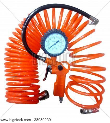 Tire Pump Gun With Hose And Pressure Gauge On White Background