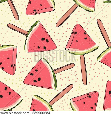 Seamless Pattern With Watermelon. Fruit Ice Cream On A Stick. Vector Illustration. Simple Picture. S