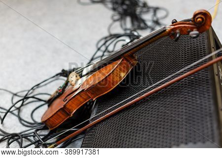 Detail Of A Violin, Musical Instrument, Dark Background, Top View