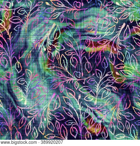 Blurry Rainbow Glitch Artistic Foliage Texture Background. Irregular Bleeding Watercolor Tie Dye Sea