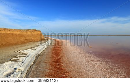 dead salt lake shore under blue sky. Pink salt lake near Azov Sea in Ukraine