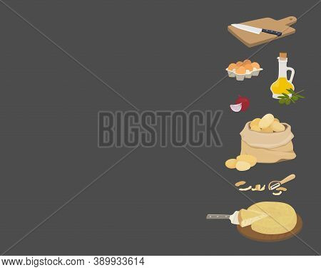 Vector Background With Copy Place. Spanish Potato Omelette Ingredients - Tortilla De Patata. Olive O