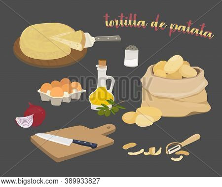 Spanish Potato Omelette Ingredients - Tortilla De Patata. Olive Oil, Onions, Potatoes, Eggs, Cutting