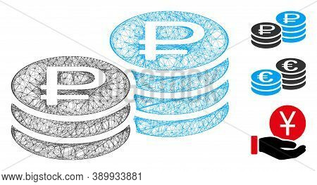 Mesh Rouble Coin Stacks Polygonal Web 2d Vector Illustration. Model Is Based On Rouble Coin Stacks F