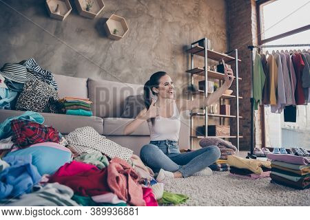 Done. Photo Of Pretty Blogger Lady Stay Home Quarantine Make Selfies Video Followers Show Wardrobe C