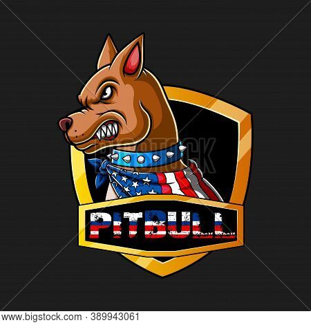 Angry Pitbull Wearing A Scarf In The Color Of The American Flag