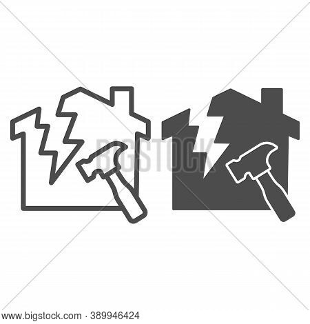 House With A Crack And Hammer Line And Solid Icon, House Repair Concept, Reconstruction Sign On Whit