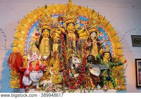 Kolkata, West Bengal, India - 6th October 2019 : Beautiful Traditionally Deocorated Goddess Durga Id