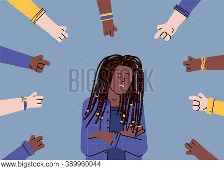 Depressed Sad Woman Surrounded With Pointing Hands For Concept Of Bullying And Gossiping, Flat Carto