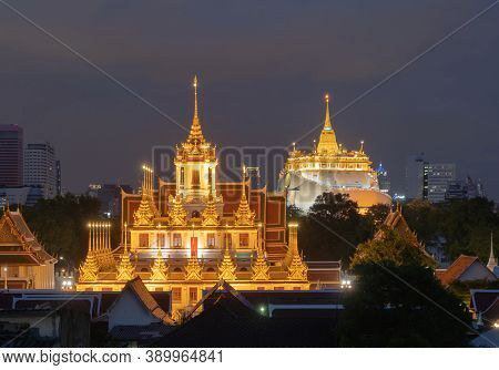 Loha Prasat Wat Ratchanatda And Golden Mountain Pagoda, A Buddhist Temple Or Wat Saket With Skyscrap