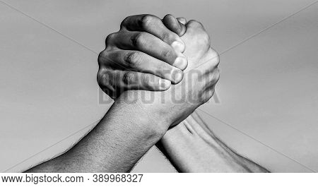 Hand, Rivalry, Vs, Challenge, Strength Comparison. Two Muscular Hands. Rivalry Concept. Two Men Arm 