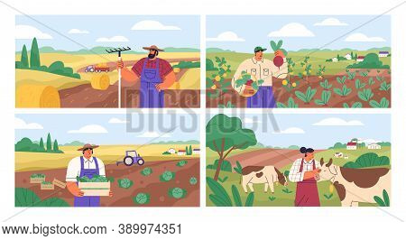 Set Of Horizontal Banners With Farmers Picking Crops, Taking Care Of Cows, Making Hay. People At Far