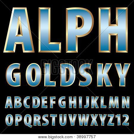 vector 3d golden alphabet with blue sky reflection