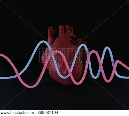Human Heart On A Black Background With Statistical Curved Lines. 3d Illustration