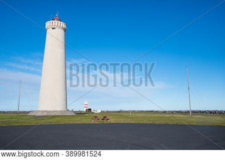 Gardskagaviti Lighthouse On The Coast Of Reykjanes Peninsula In Iceland