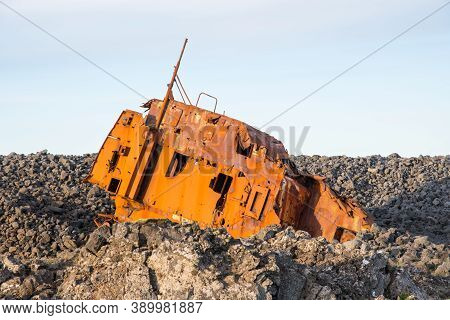 Old Shipwreck On The Coast Of Grindavik In Iceland