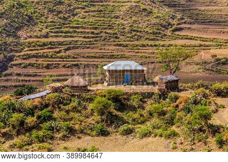 Beautiful Highland Landscape In Tigray Region On The Road To Near City Mekele. Countryside With Terr
