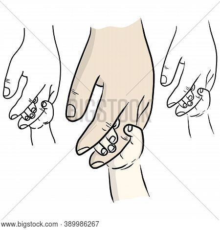Close-up Little Child Holding Hand Of Father Or Mother Vector Illustration Sketch Doodle Hand Drawn 