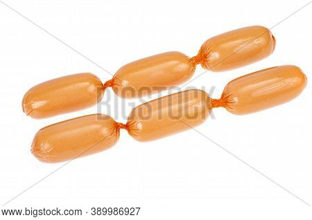 Meat Sausages In Polyamide Casing Isolated On White Background.