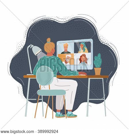 Vector Illustration Of Back View Woman At Desk Chat With Her Team. Make Consultation Or Take Converc