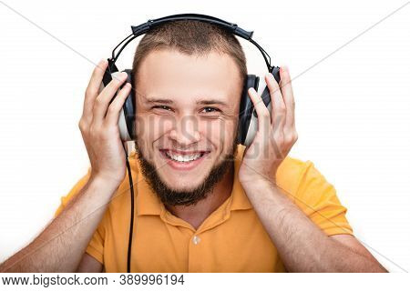 Positive Man Caucasian Race Getting A Hearing Test, Audiometer Hearing Test. Isolated On White Backg