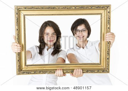 Portrait of two teenagers in picture frame