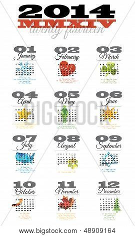 12 Month Calendar For 2014 Featuring Holiday Dates And Colourful Symbols Of The Seasons
