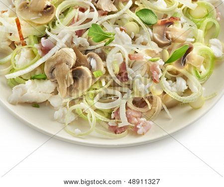 delicious salad with mushrooms leek and dover sole