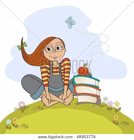 Studious Girl Sitting Barefoot In The Grass