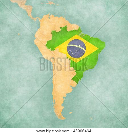 Brazil (Brazilian flag) on the map of South America. The Map is in vintage summer style and sunny mood. The map has a soft grunge and vintage atmosphere which acts as a watercolor painting.