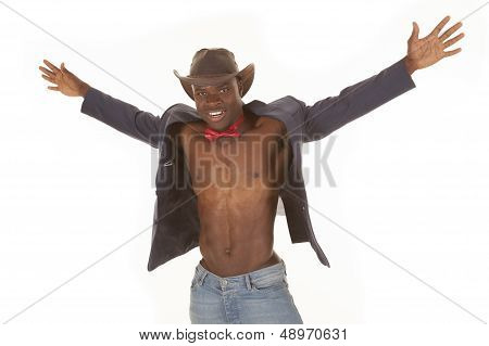 Man No Shirt Suitcoat Bowtie Hat Hands Out
