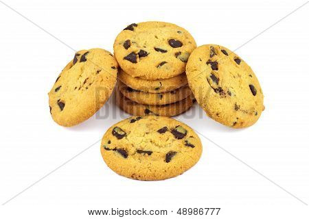 Biscuits With Pieces Of Chocolate Coating Isolated On White. Cookies