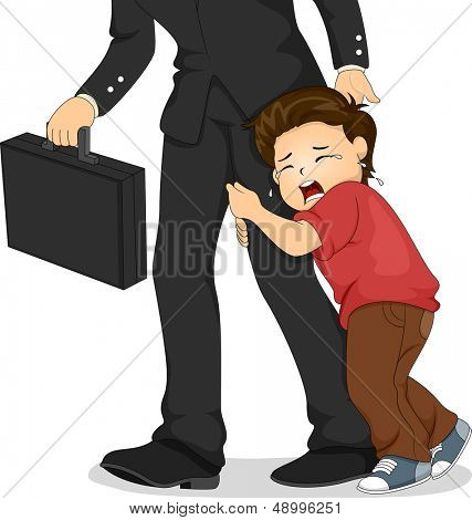 Illustratie van een huilende Boy Cllnging aan zijn vader's been