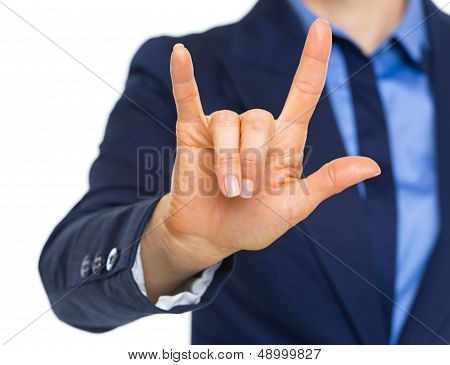 Closeup On Business Woman Showing L Love You Gesture