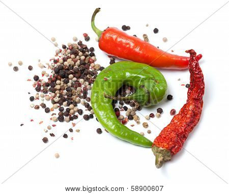 Various Of Hot Peppers On White Background