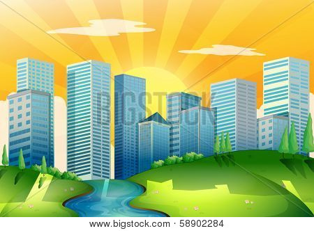 Illustration of a river near the tall buildings