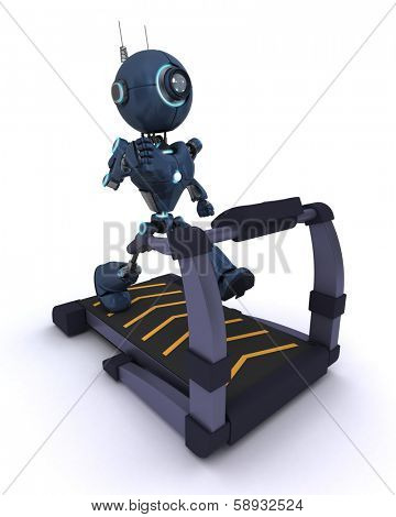 3D render of an Andriod at the gym running on a treadmill