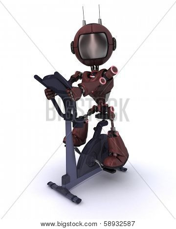 3D render of an Andriod at the gym on  an exercise bike