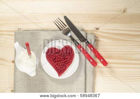 Valentine's Day Red Pancakes In Heart Shape With Sour Cream