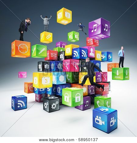 business people on abstract icons cubes