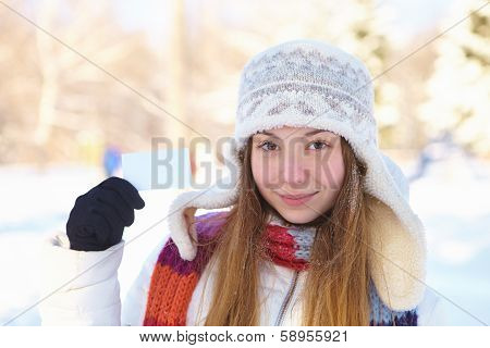 Beautiful Woman With Blank Business Card. Winter.