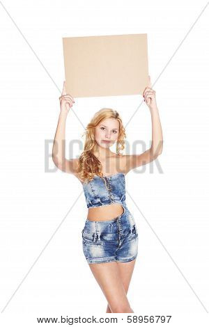 Beautiful Blonde Young Woman With Blank Banner.