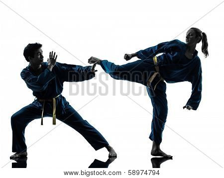 one man woman couple exercising karate vietvodao martial arts in silhouette studio isolated on white background