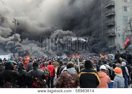 KIEV, UKRAINE - JANUARY 23, 2014: Anti-government protest in Kiev,  Grushevsky str.  People defend barricades.