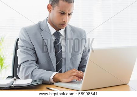 Concentrated young businessman using the laptop at office desk